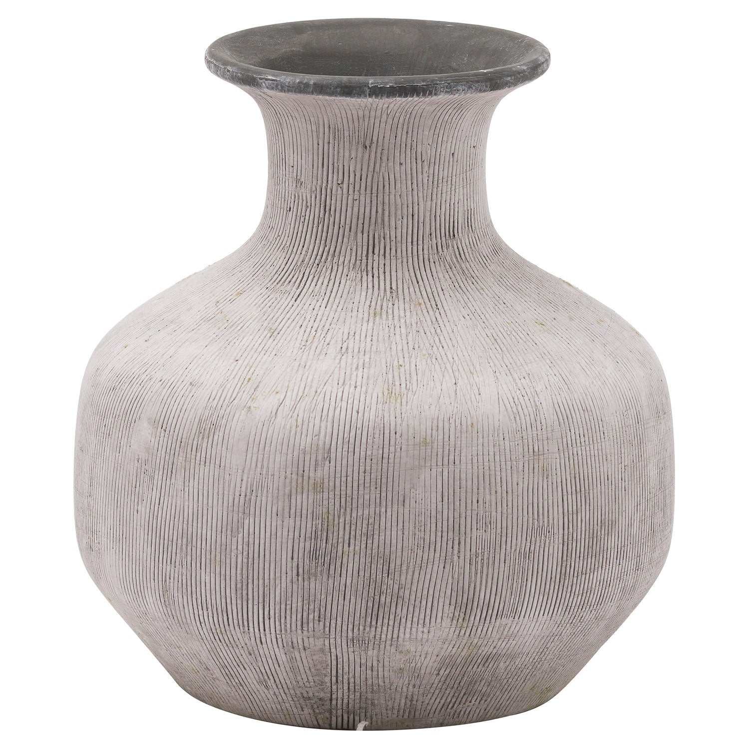 Handcrafted stone effect vase with grey rim and vertical scoring, designed for faux florals.