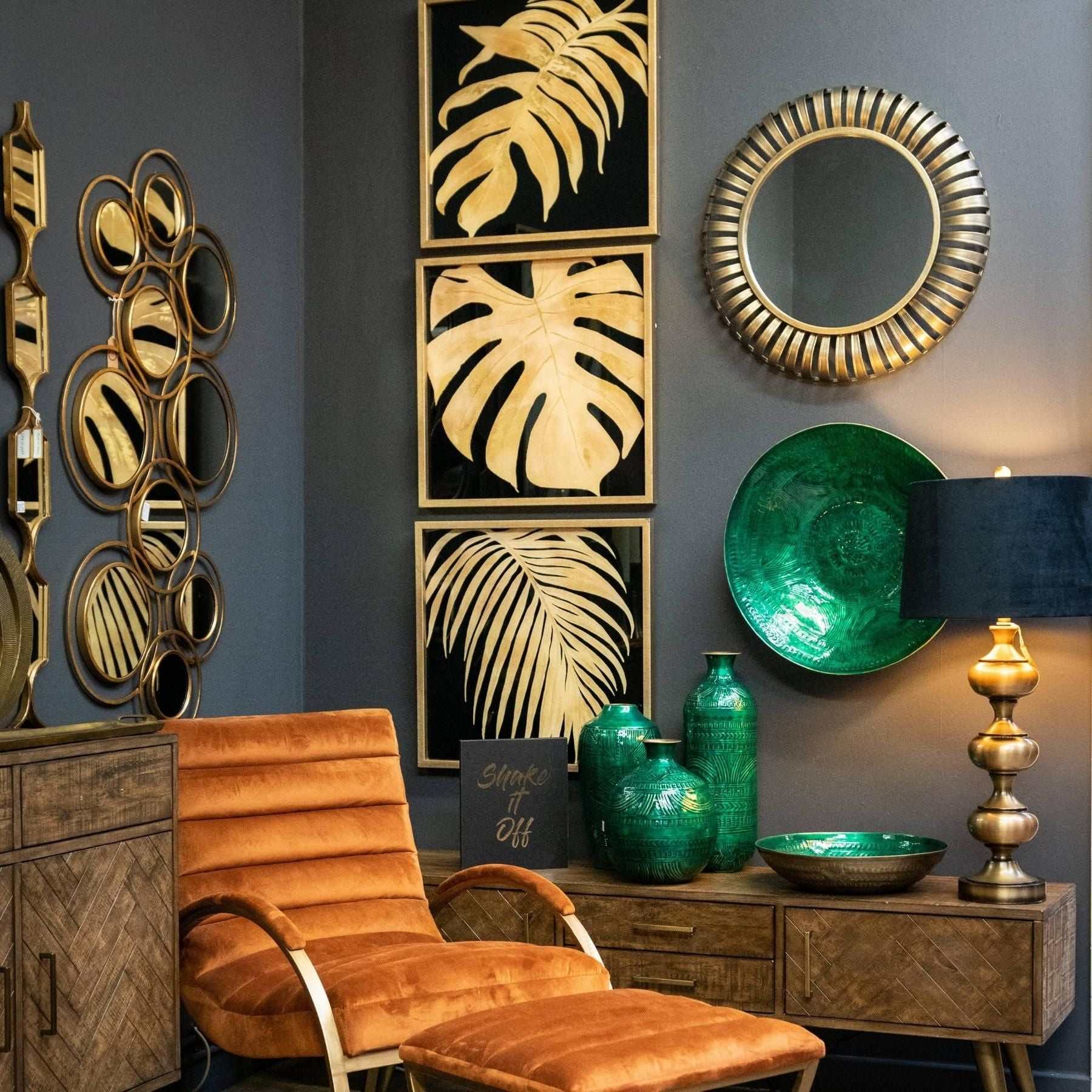 Collage Mirror in Gold featured in elegant living room decor.