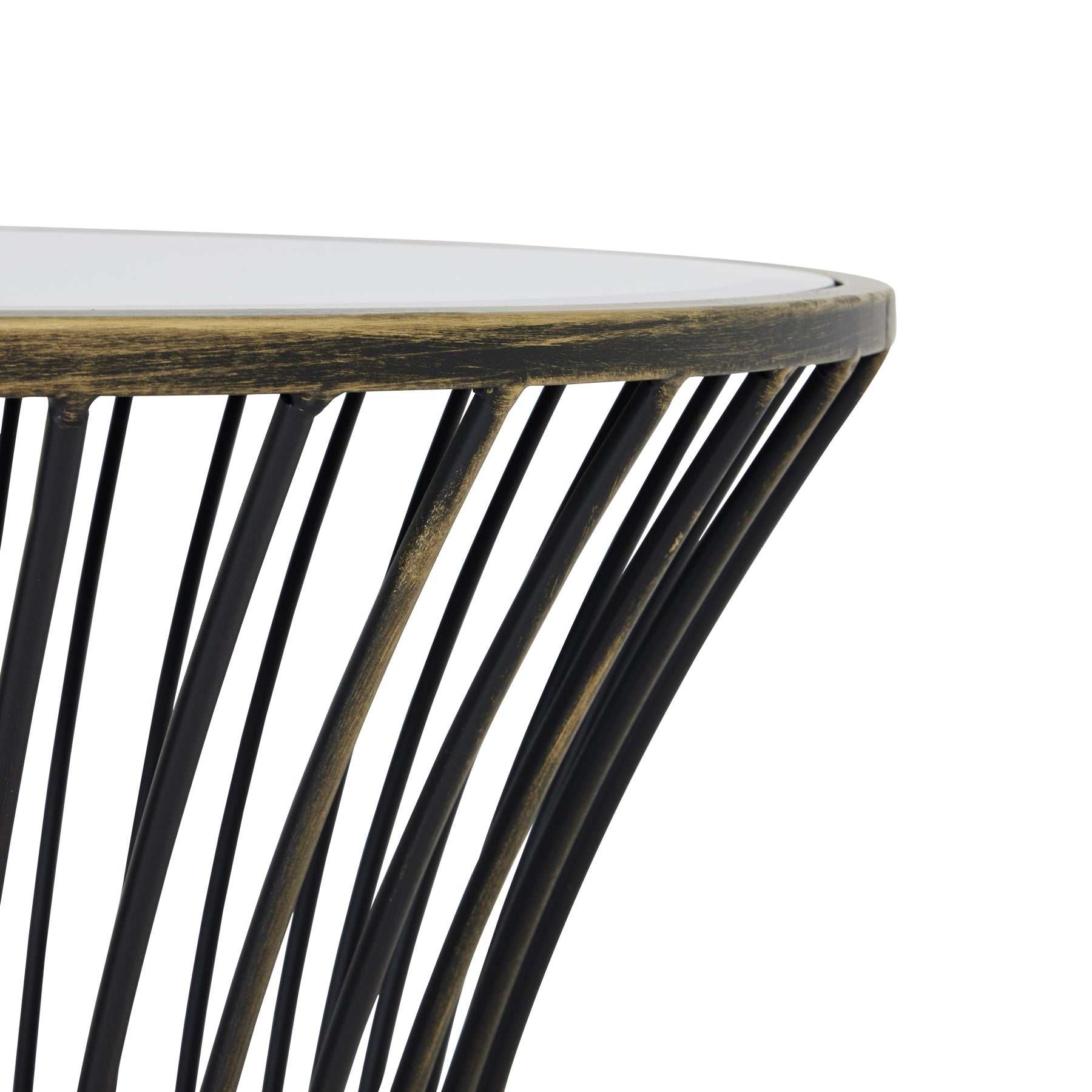 Contemporary mirrored side table with a concave brass metal frame, featuring a reflective surface.
