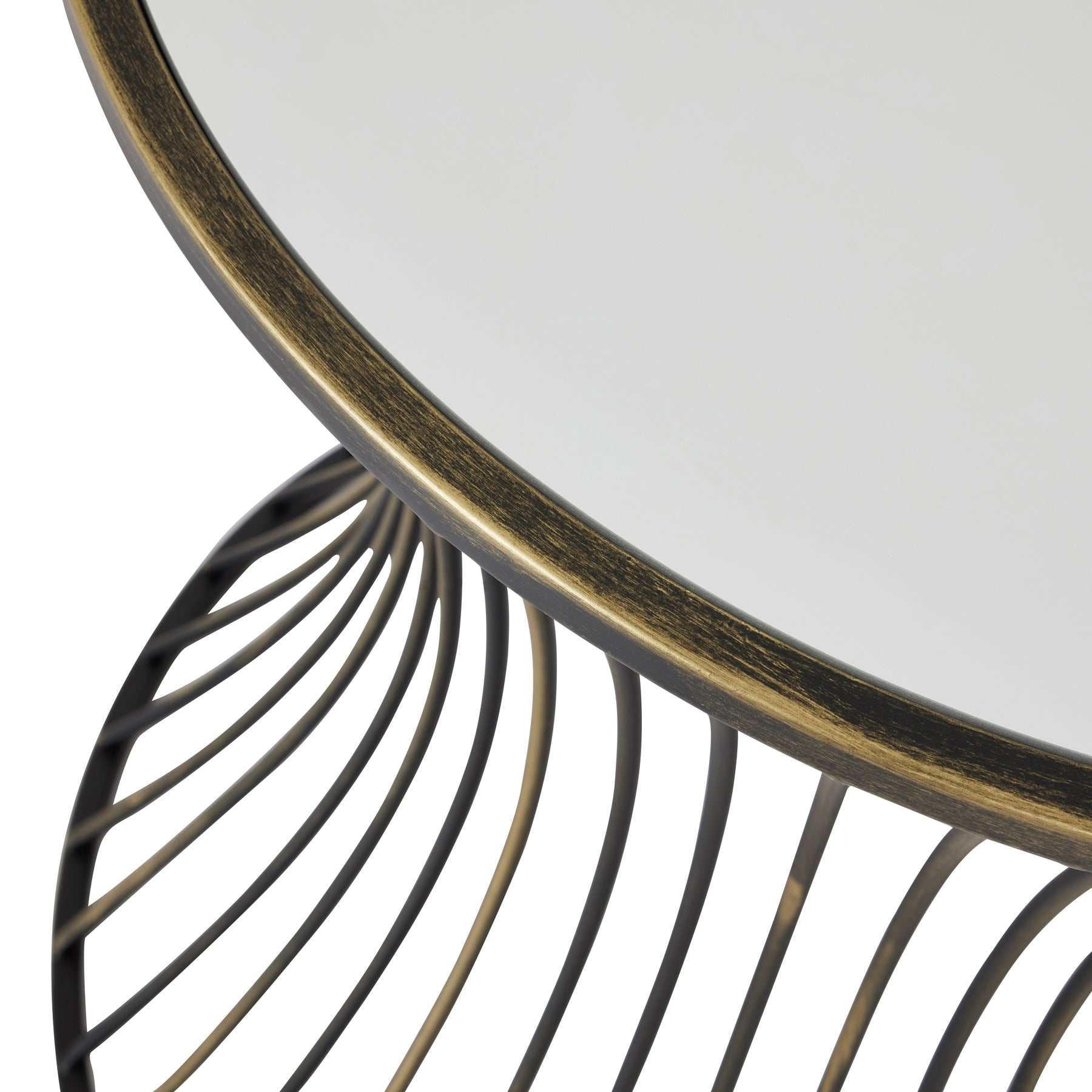 Contemporary concave brass mirrored side table with reflective surface.