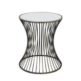 Contemporary mirrored side table with concave brass metal frame.