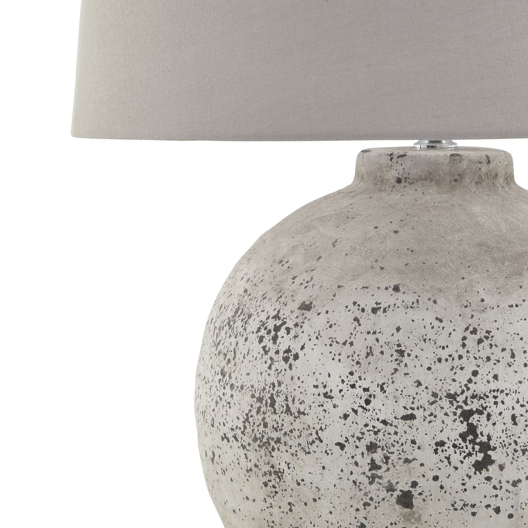 Vieana ceramic lamp with rustic stone effect and light grey fabric shade.