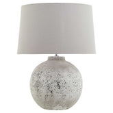 Vieana ceramic lamp with stone effect base and light grey fabric shade.