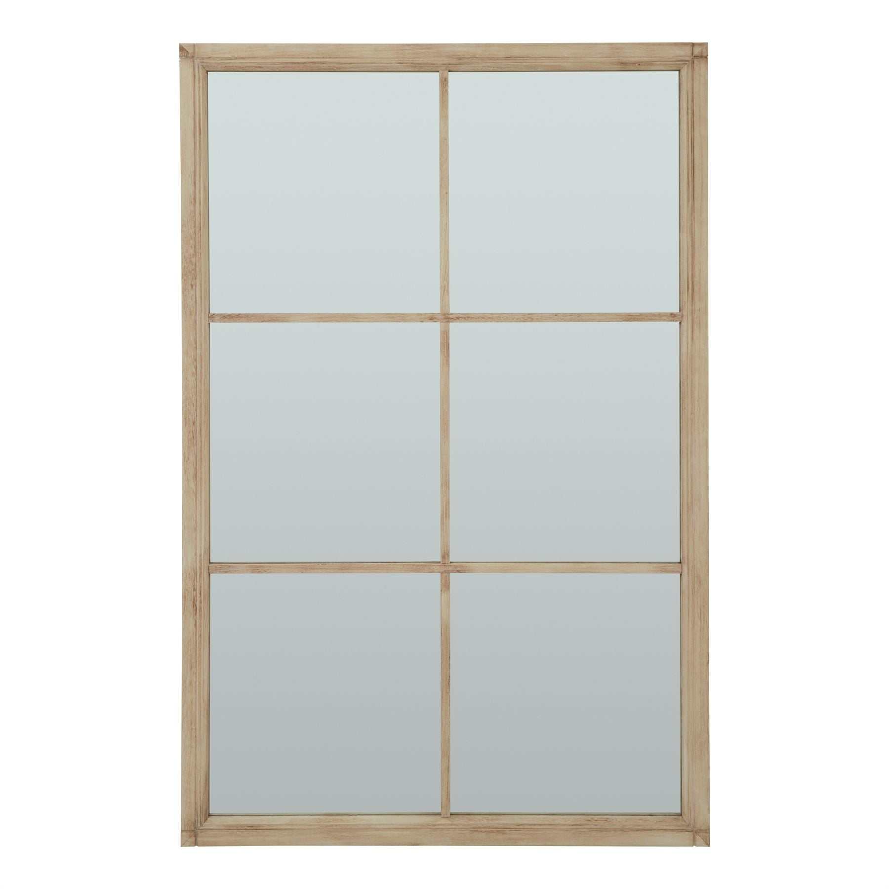 Betty oversized window mirror with weathered wood and grid pattern, 170cm x 112cm.