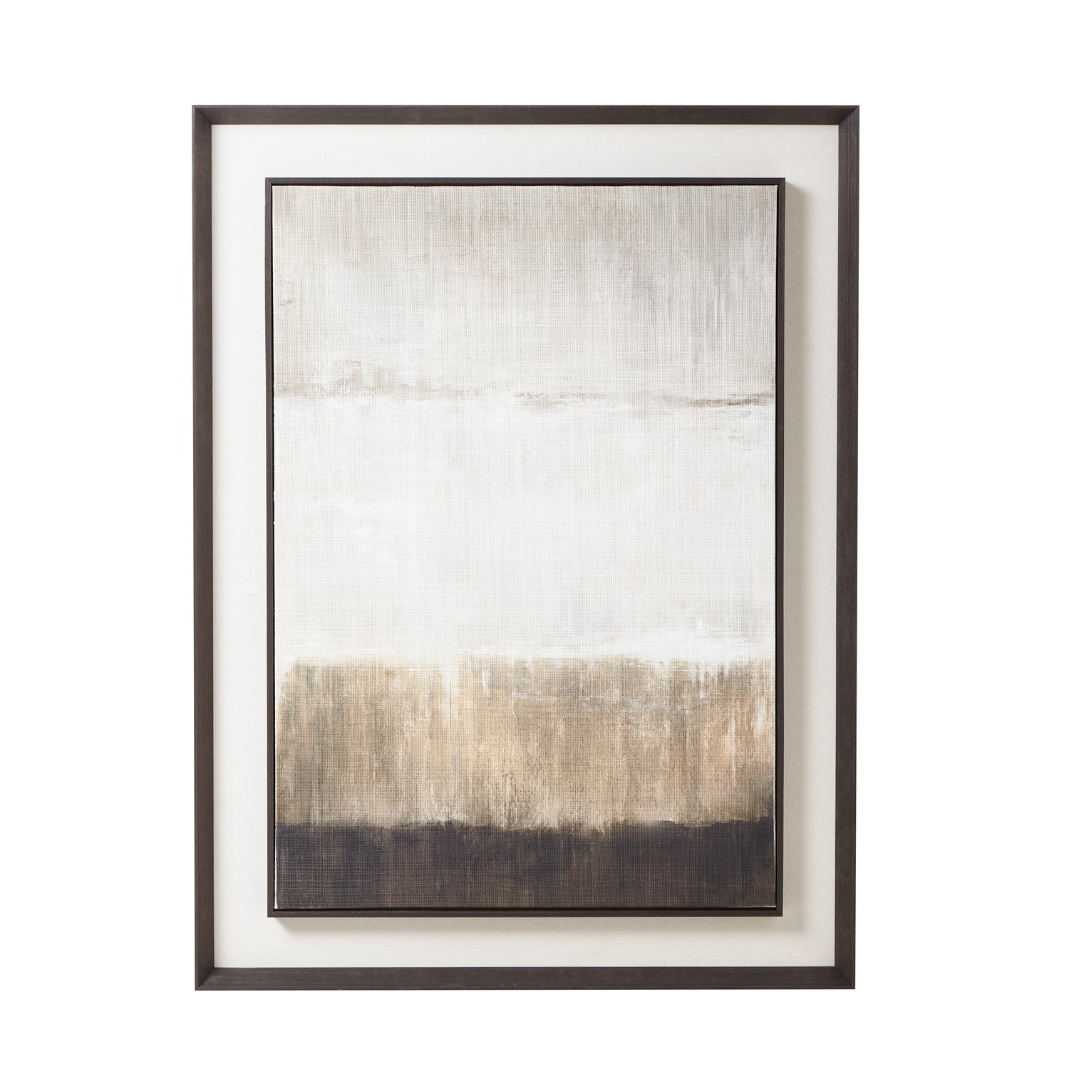 Contemporary abstract painting on linen mounted in a modern frame, featuring neutral tones with earth gradients, ideal for luxury interiors.