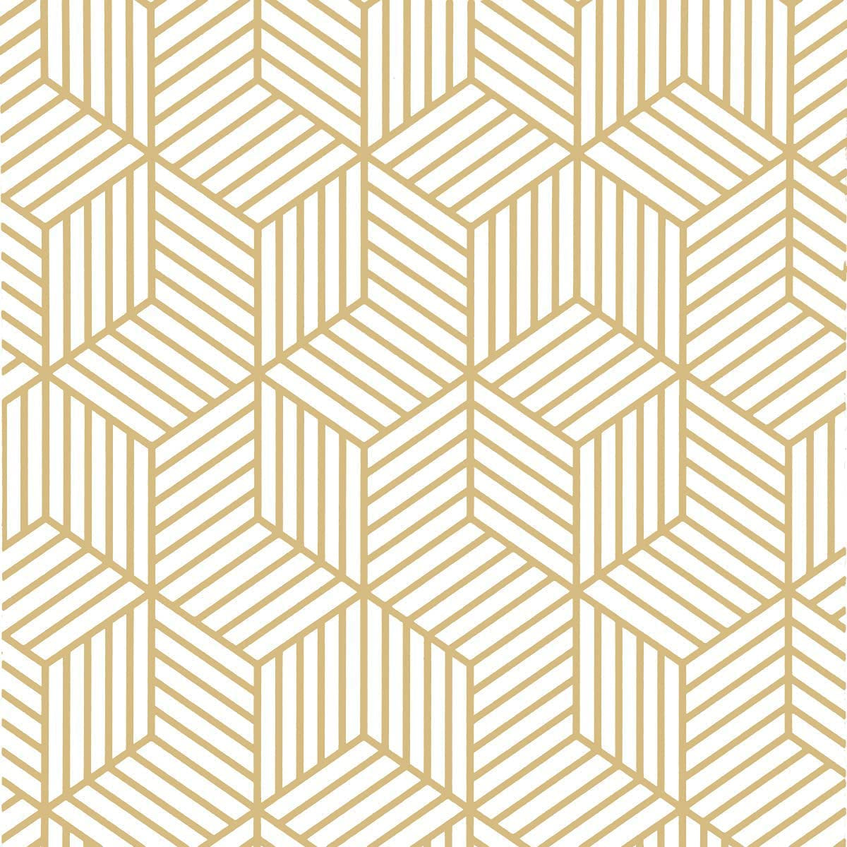 Geometric hexagon wallpaper with modern design in gold and white.