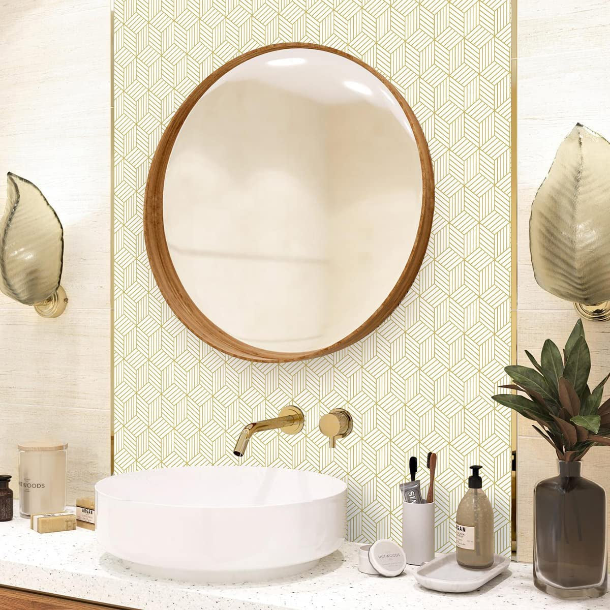 Geometric hexagon wallpaper in modern bathroom setting.