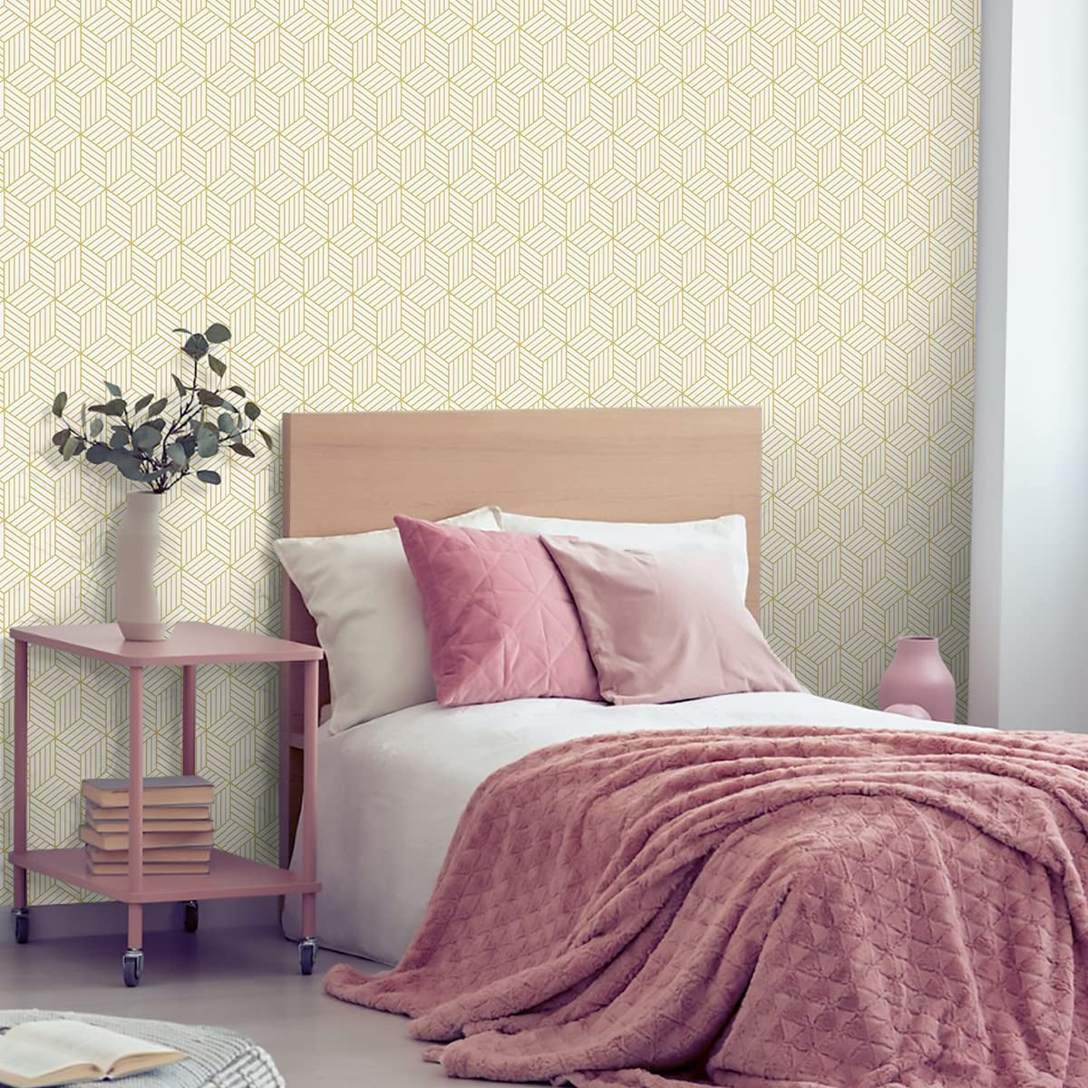 Geometric hexagon wallpaper in a modern bedroom setting.