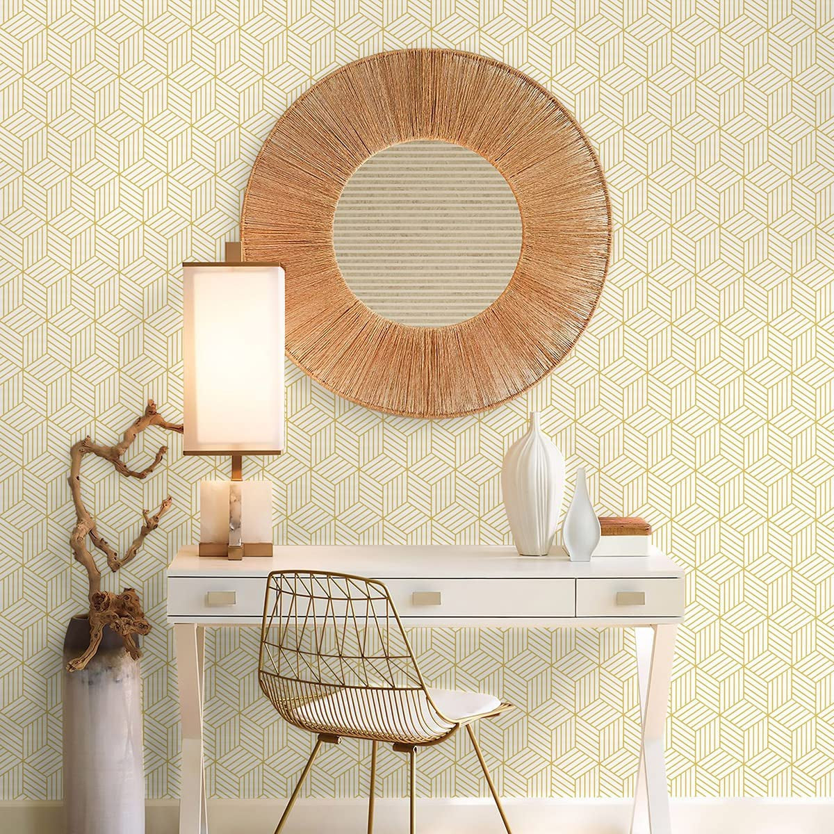 Geometric hexagon wallpaper in a modern room setting.