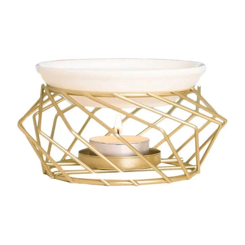 Aromatic Oil Burner with gold geometric design for home aromatherapy.