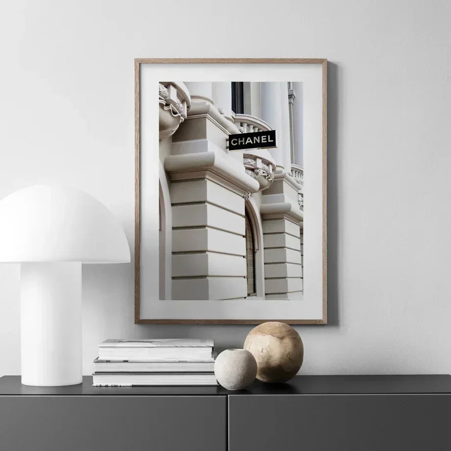 Paris Luxury Building Wall Art displayed on a modern interior wall, showcasing minimalist design elements.