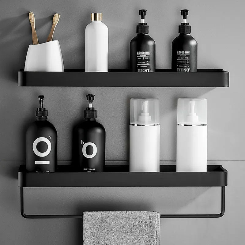 Modern Funok Bathroom Shelf with black finish holding bottles and accessories.