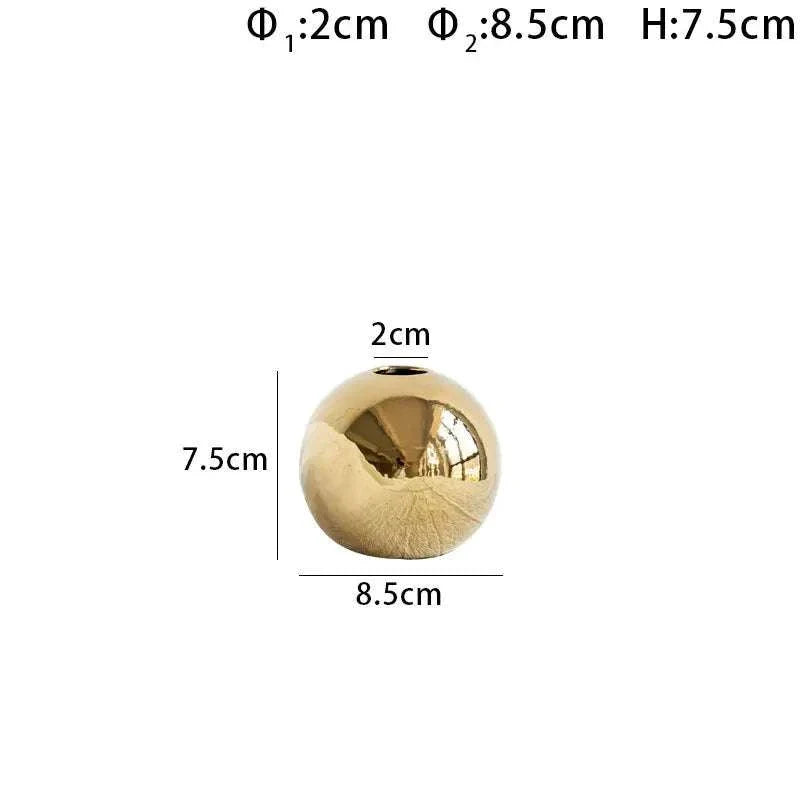 Gold spherical 'Nuala Vase' with measurements, perfect for home decor and floral displays.