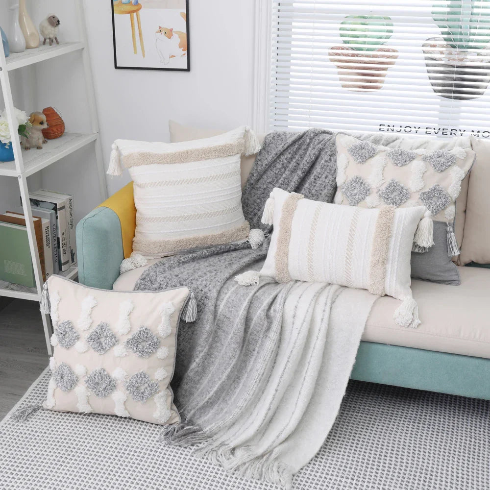 Moroccan style pillow cases with intricate patterns enhancing bedroom decor.