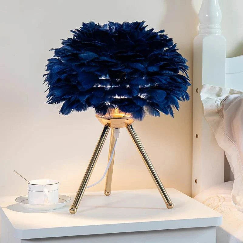 Feather Table Lamp with elegant feather design on bedside table, providing cozy and subtle lighting.