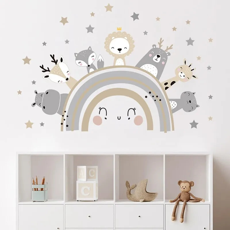 Playful Cali cartoon animal wallpaper with cute designs for kids' rooms.