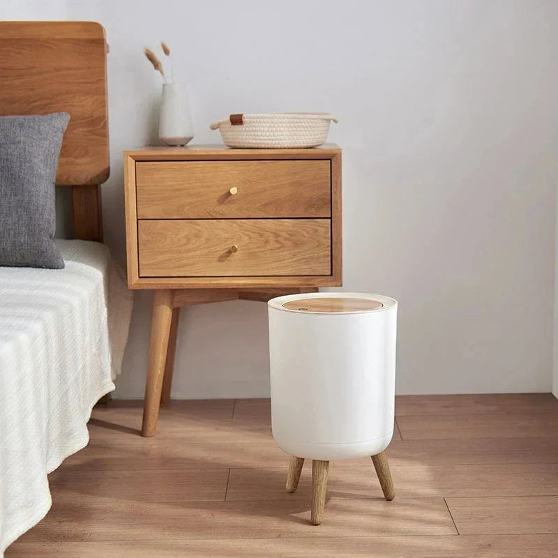 Null Trash Can in bedroom, wooden design, stylish and functional.
