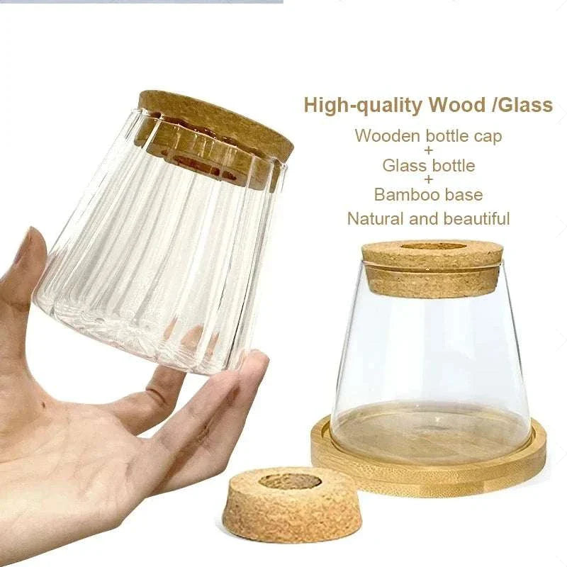 Volcanic style vase with wooden cap, glass bottle, and bamboo base for a natural look.