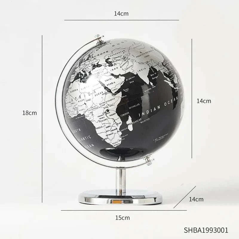 Elegant black Aya Globe with detailed maps on a metallic stand, ideal for decor.