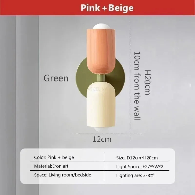 Ridi Wall Lamps - Nordic LED design with pink and beige double head lampshade, green base, iron body, ideal for living rooms or bedside.