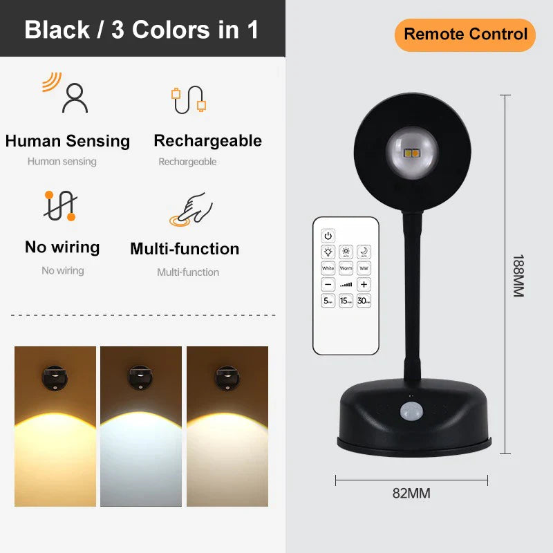 USB rechargeable intelligent human sensing wireless wall light with remote control and dimmable LED spotlight for artwork.