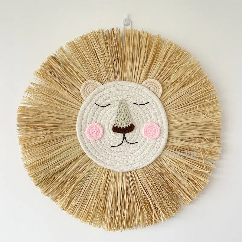 Handmade cotton thread lion wall decor for nursery or playroom.