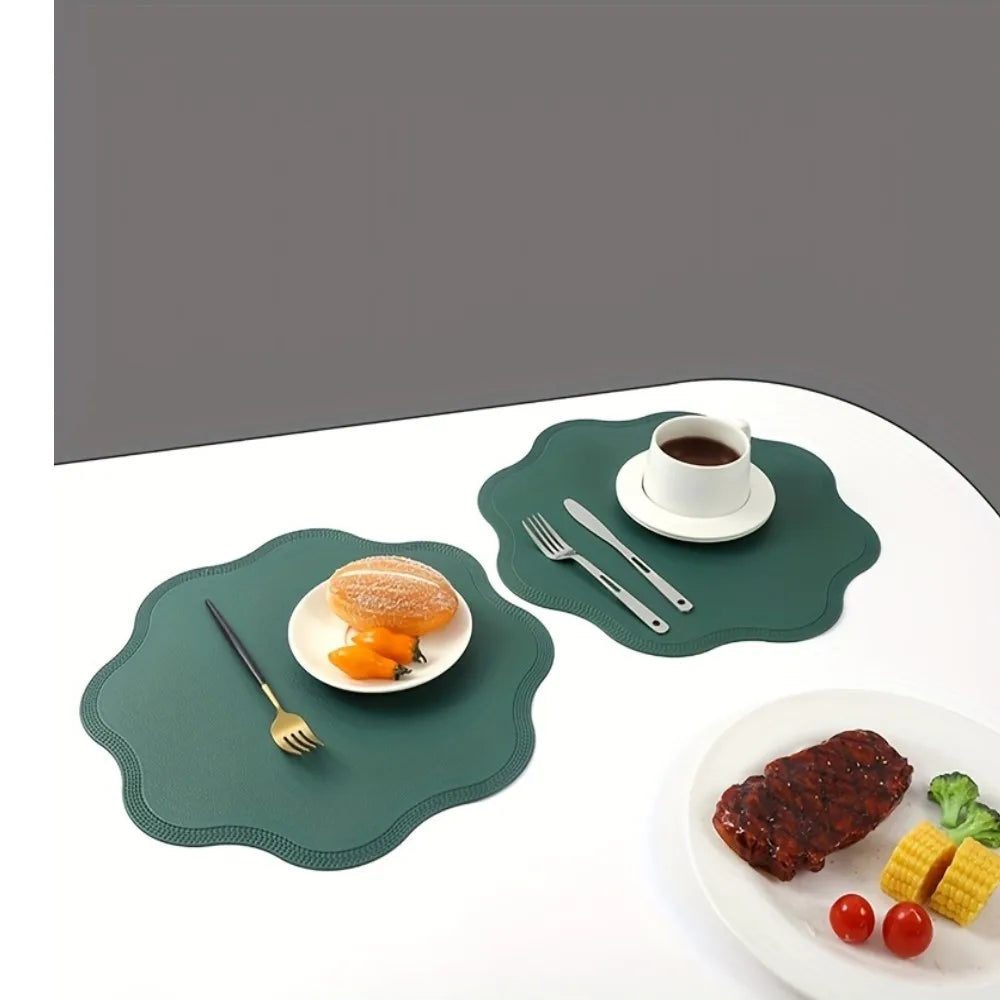 Noah's Placemats adding elegance to a dining table setting with food and drink.