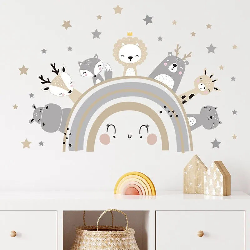 Cali cartoon animal design wallpaper with cute animals and rainbow for kids' room.
