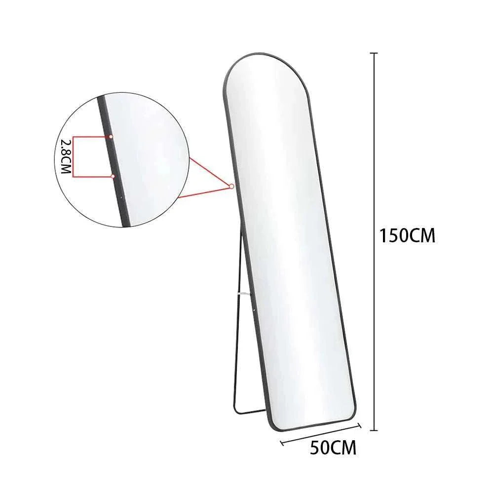 Arched mirror, full length, black metal frame, 150cm height, wall mounted or freestanding.