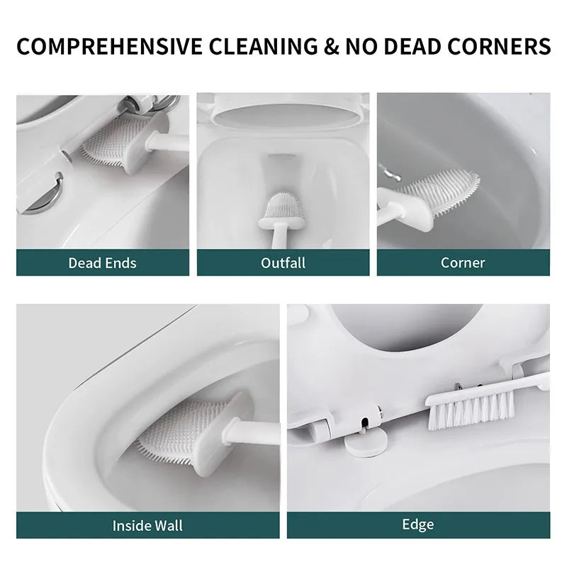 Wall Hanging Toilet Brush illustrating comprehensive cleaning with silicone head for corners and edges.