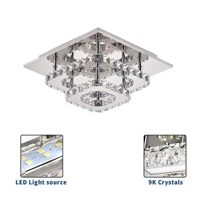 LED Chandelier with chrome finish and crystal design, semi-flush mount, cool white LED light, 36W.