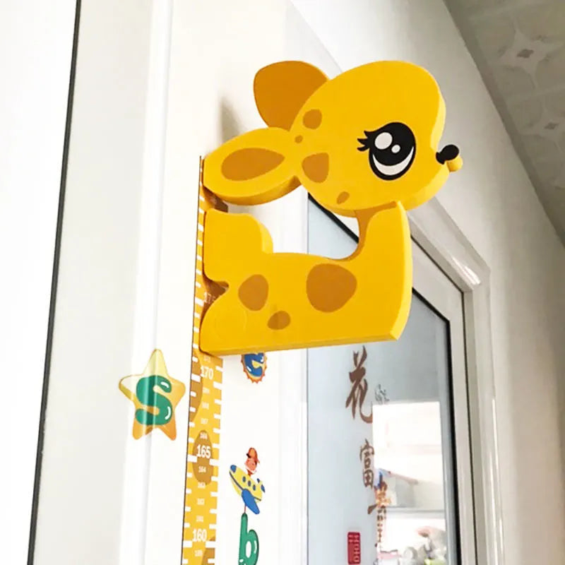 Removable 3D cartoon height sticker for kids' room featuring a playful giraffe design.
