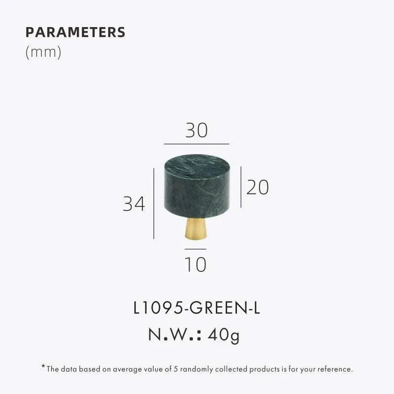 Anessa Handles with green marble and brass design, dimensions 34x30x20mm, weight 40g.