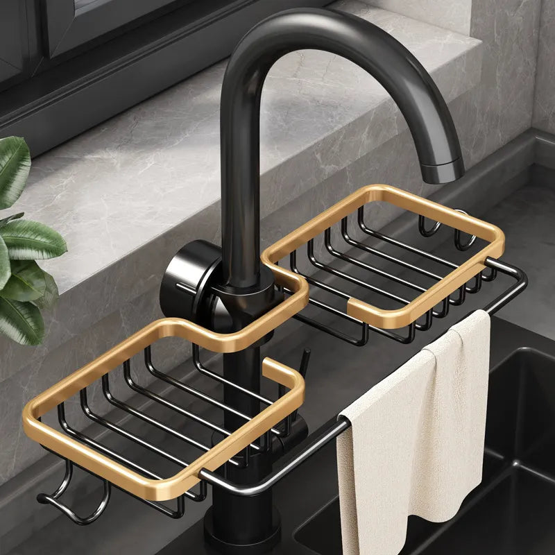 Faucet Soap Drainer attached to faucet, maximizing space and reducing counter clutter in kitchen or bathroom.