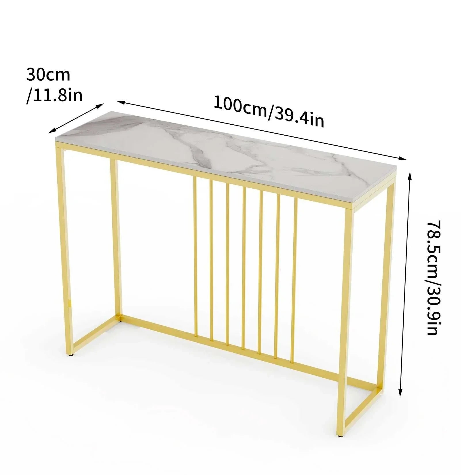 Slim marble console table with gold legs, 100cm length, for hallway decor.