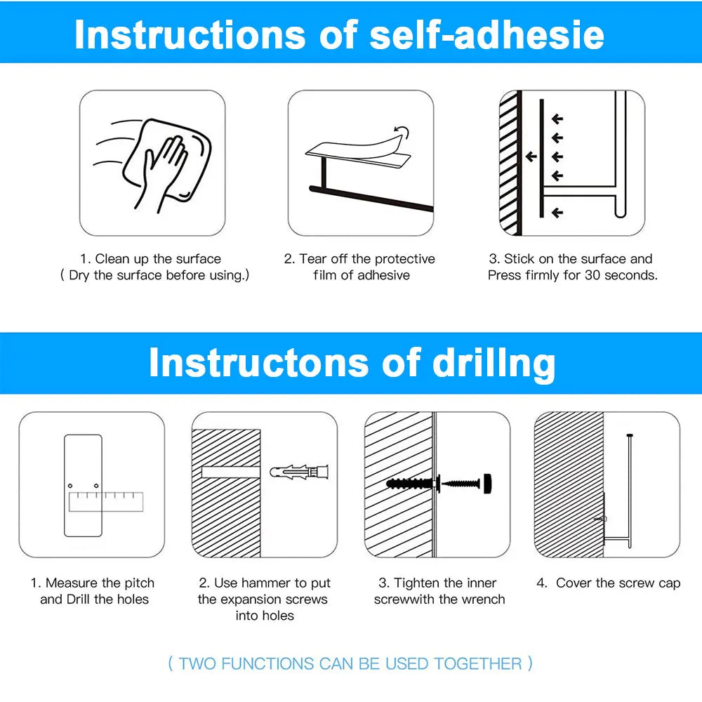 Instructions for mounting the Shamii Paper Towel Holder with self-adhesive and drilling options for easy installation.