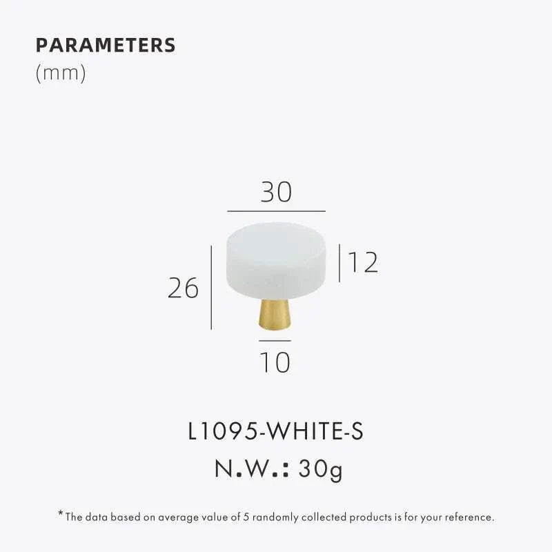 Anessa Handles with white and green marble design, durable brass construction, 30mm diameter, 30g weight.