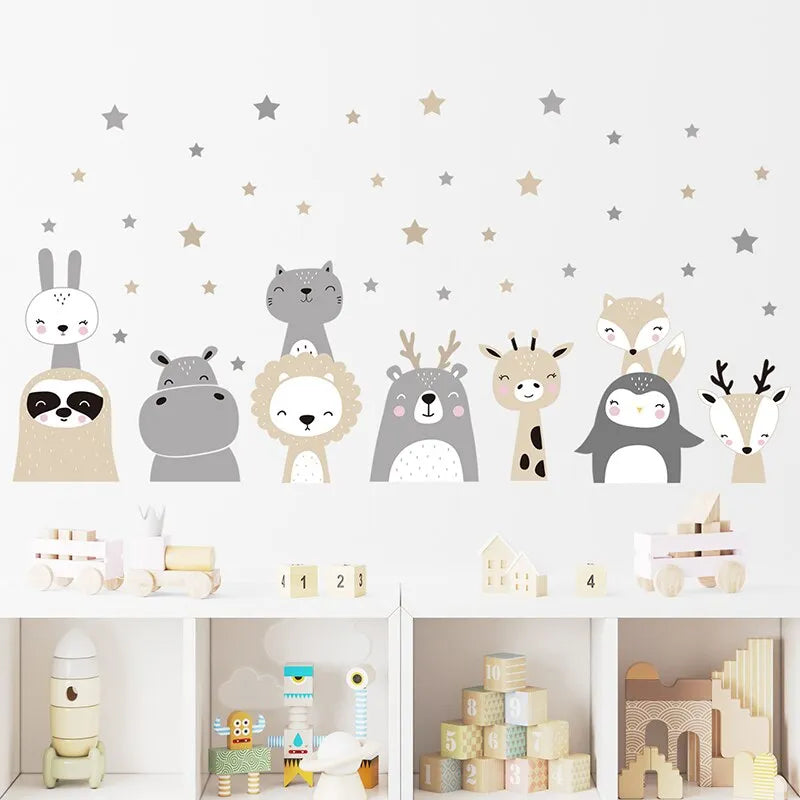 Cali Forest Animals wall stickers with cute forest animals, stars, and cartoon characters for kids' room decor.