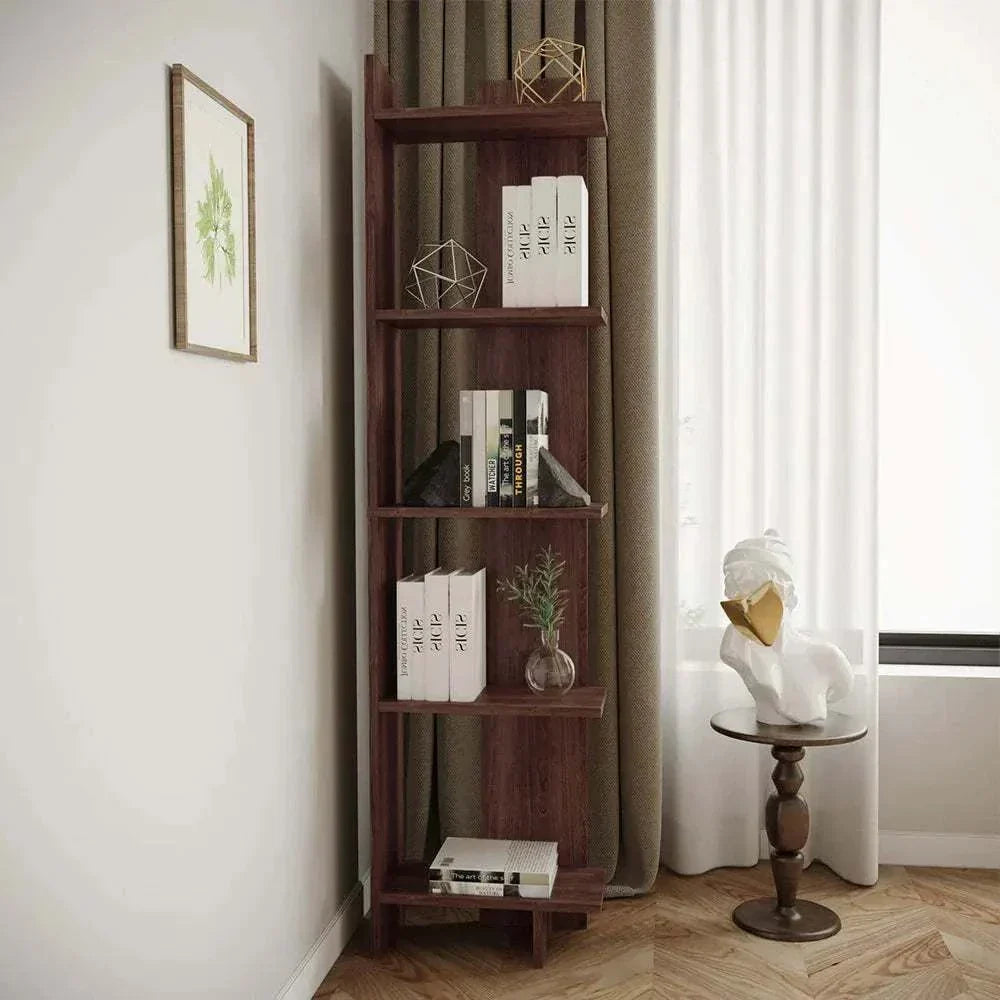 5 tier corner shelving unit in walnut color, fitted in room corner for organized storage.