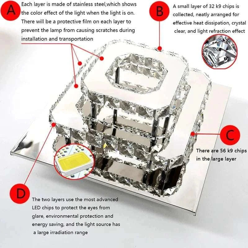 LED Chandelier with chrome finish and crystal design, semi-flush mount style, suitable for 5-8 m² rooms.