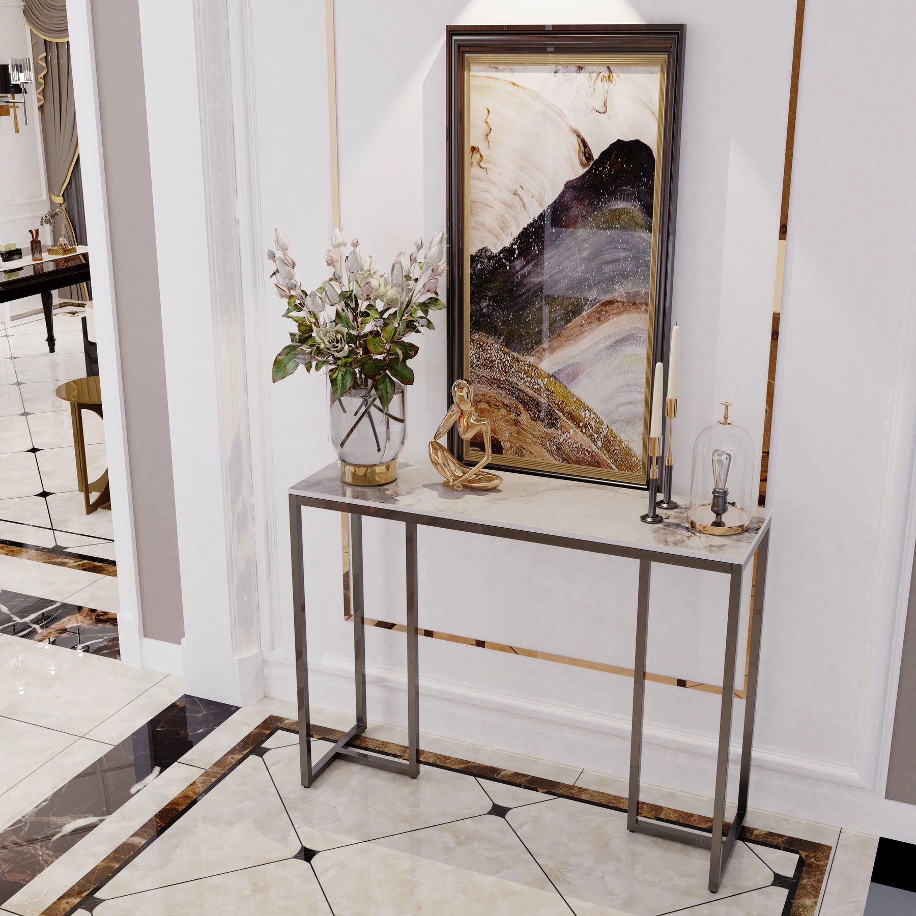 Modern marble console table with metal frame, ideal for entryway or living room display.