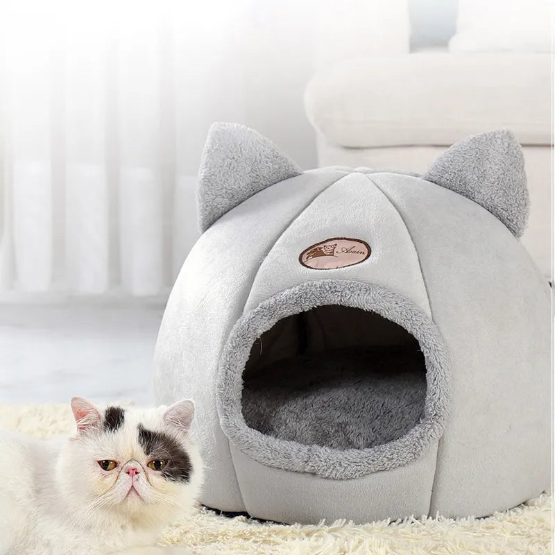 George Deep Sleep Comfy Pet Bed in gray with cat ear design, providing comfort and relaxation for cats.