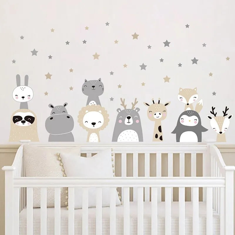 Cali Forest Animals wall stickers with cute forest animals and stars for kids' room decor.