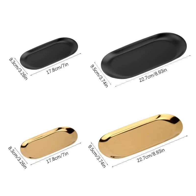 Stainless Steel Oval Tray in gold and black; versatile for jewelry display and organization.