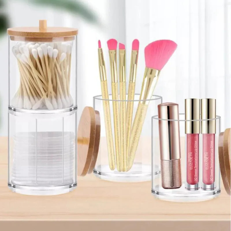 Naila Acrylic Storage Jars set on a wooden surface, displaying cotton swabs, makeup brushes, and lip gloss, highlighting home organization.