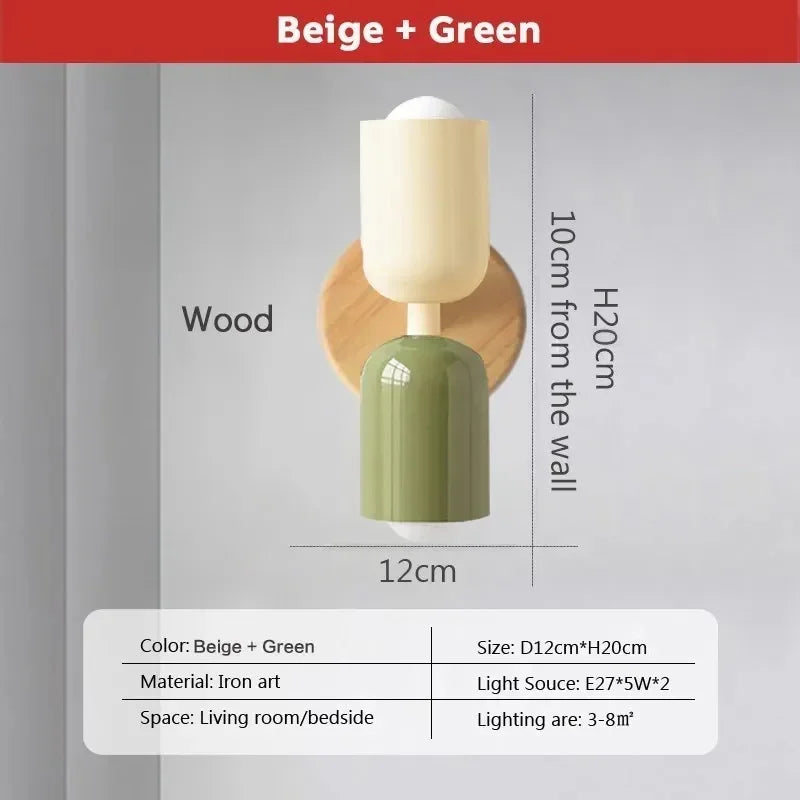 Ridi Wall Lamps in beige and green, Nordic LED design, iron body, cup-shaped double head lampshade.