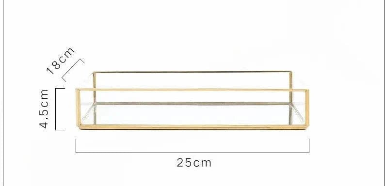 Luxurious gold brass and glass Orter tray measuring 25cm by 18cm for elegant organization.