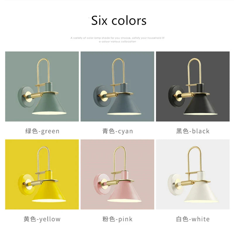 Six colors of Dexter wall lamps with adjustable arms in green, cyan, black, yellow, pink, and white. Sleek, modern design for versatile lighting.