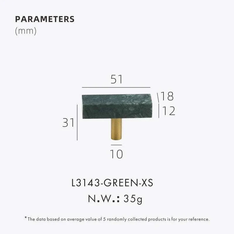 Anessa Handles with brass base and green marble design, measurements displayed.