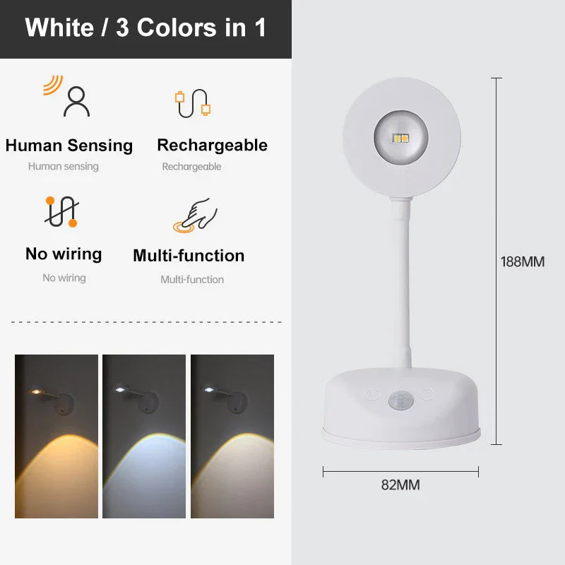 USB Rechargeable Intelligent Wireless Wall Light, human sensing, dimmable LED spotlight, three color modes, white exterior, multi-function, no wiring required.